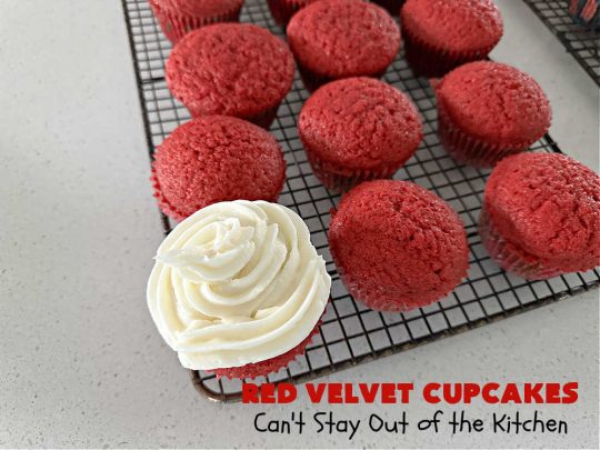 Red Velvet Cupcakes | Can't Stay Out of the Kitchen | These luscious #RedVelvet #cupcakes are so rich, decadent & heavenly you won't be able to stay out of them! The #CreamCheese #Frosting puts them over the top. Perfect #holiday treats for #Christmas or #ValentinesDay. #dessert #chocolate #RedVelvetDessert #ChocolateDessert #HolidayDessert #ValentinesDessert #ChristmasDessert #RedVelvetCupcakes