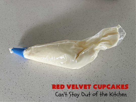 Red Velvet Cupcakes | Can't Stay Out of the Kitchen | These luscious #RedVelvet #cupcakes are so rich, decadent & heavenly you won't be able to stay out of them! The #CreamCheese #Frosting puts them over the top. Perfect #holiday treats for #Christmas or #ValentinesDay. #dessert #chocolate #RedVelvetDessert #ChocolateDessert #HolidayDessert #ValentinesDessert #ChristmasDessert #RedVelvetCupcakes