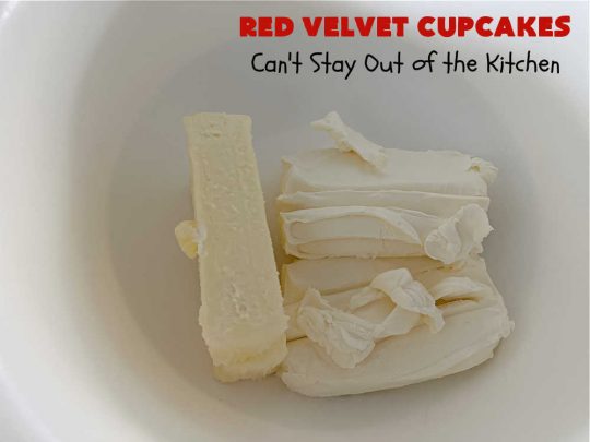 Red Velvet Cupcakes | Can't Stay Out of the Kitchen | These luscious #RedVelvet #cupcakes are so rich, decadent & heavenly you won't be able to stay out of them! The #CreamCheese #Frosting puts them over the top. Perfect #holiday treats for #Christmas or #ValentinesDay. #dessert #chocolate #RedVelvetDessert #ChocolateDessert #HolidayDessert #ValentinesDessert #ChristmasDessert #RedVelvetCupcakes