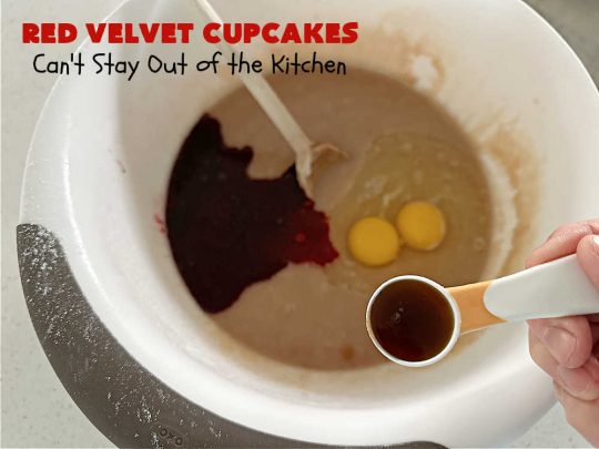 Red Velvet Cupcakes | Can't Stay Out of the Kitchen | These luscious #RedVelvet #cupcakes are so rich, decadent & heavenly you won't be able to stay out of them! The #CreamCheese #Frosting puts them over the top. Perfect #holiday treats for #Christmas or #ValentinesDay. #dessert #chocolate #RedVelvetDessert #ChocolateDessert #HolidayDessert #ValentinesDessert #ChristmasDessert #RedVelvetCupcakes
