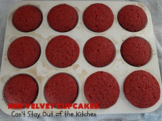 Red Velvet Cupcakes | Can't Stay Out of the Kitchen | These luscious #RedVelvet #cupcakes are so rich, decadent & heavenly you won't be able to stay out of them! The #CreamCheese #Frosting puts them over the top. Perfect #holiday treats for #Christmas or #ValentinesDay. #dessert #chocolate #RedVelvetDessert #ChocolateDessert #HolidayDessert #ValentinesDessert #ChristmasDessert #RedVelvetCupcakes