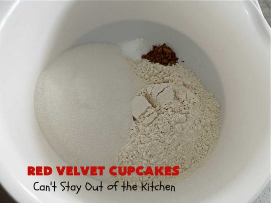 Red Velvet Cupcakes | Can't Stay Out of the Kitchen | These luscious #RedVelvet #cupcakes are so rich, decadent & heavenly you won't be able to stay out of them! The #CreamCheese #Frosting puts them over the top. Perfect #holiday treats for #Christmas or #ValentinesDay. #dessert #chocolate #RedVelvetDessert #ChocolateDessert #HolidayDessert #ValentinesDessert #ChristmasDessert #RedVelvetCupcakes