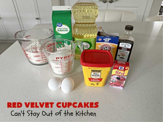 Red Velvet Cupcakes | Can't Stay Out of the Kitchen | These luscious #RedVelvet #cupcakes are so rich, decadent & heavenly you won't be able to stay out of them! The #CreamCheese #Frosting puts them over the top. Perfect #holiday treats for #Christmas or #ValentinesDay. #dessert #chocolate #RedVelvetDessert #ChocolateDessert #HolidayDessert #ValentinesDessert #ChristmasDessert #RedVelvetCupcakes