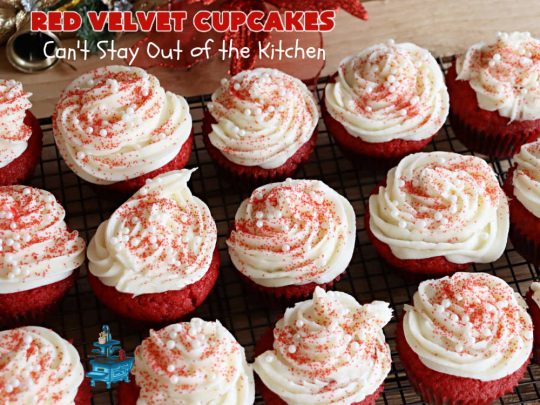 Red Velvet Cupcakes | Can't Stay Out of the Kitchen | These luscious #RedVelvet #cupcakes are so rich, decadent & heavenly you won't be able to stay out of them! The #CreamCheese #Frosting puts them over the top. Perfect #holiday treats for #Christmas or #ValentinesDay. #dessert #chocolate #RedVelvetDessert #ChocolateDessert #HolidayDessert #ValentinesDessert #ChristmasDessert #RedVelvetCupcakes
