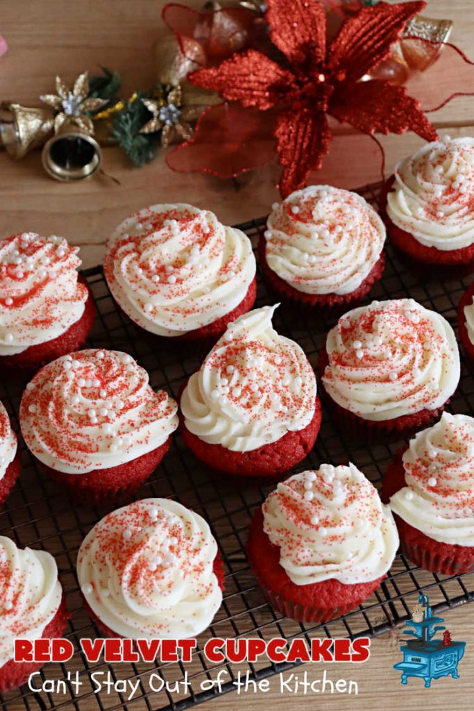 Red Velvet Cupcakes | Can't Stay Out of the Kitchen | These luscious #RedVelvet #cupcakes are so rich, decadent & heavenly you won't be able to stay out of them! The #CreamCheese #Frosting puts them over the top. Perfect #holiday treats for #Christmas or #ValentinesDay. #dessert #chocolate #RedVelvetDessert #ChocolateDessert #HolidayDessert #ValentinesDessert #ChristmasDessert #RedVelvetCupcakes