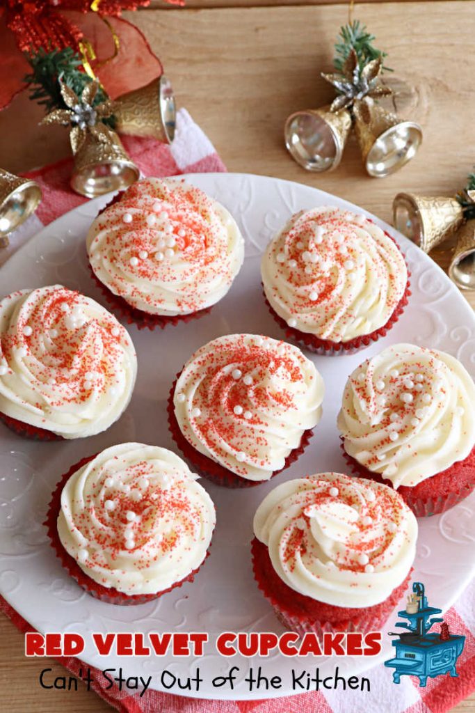Red Velvet Cupcakes | Can't Stay Out of the Kitchen | These luscious #RedVelvet #cupcakes are so rich, decadent & heavenly you won't be able to stay out of them! The #CreamCheese #Frosting puts them over the top. Perfect #holiday treats for #Christmas or #ValentinesDay. #dessert #chocolate #RedVelvetDessert #ChocolateDessert #HolidayDessert #ValentinesDessert #ChristmasDessert #RedVelvetCupcakes