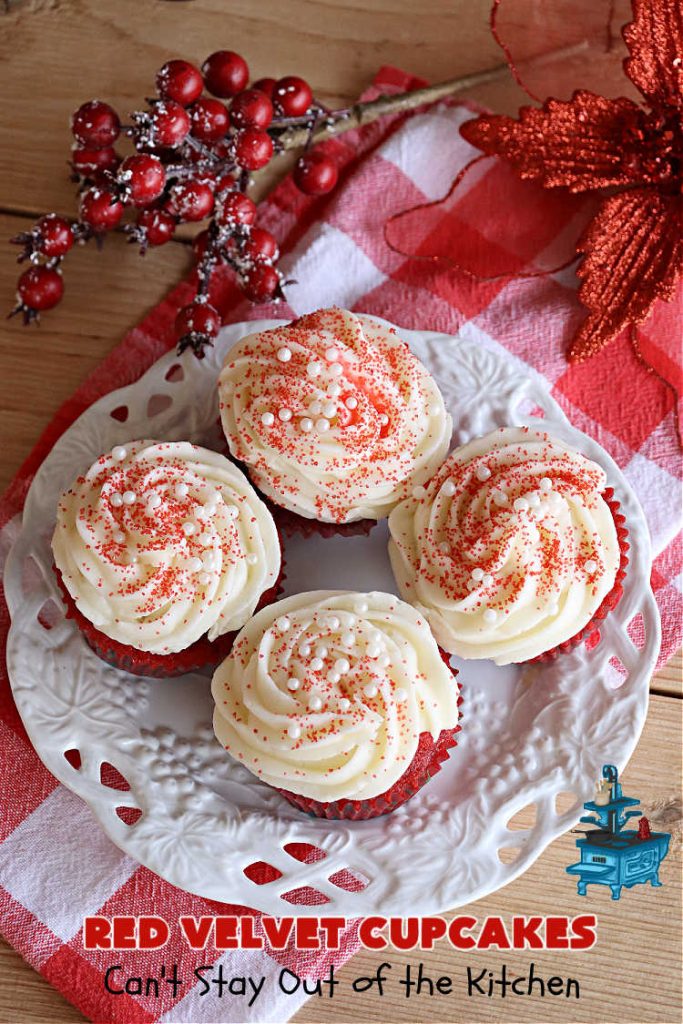 Red Velvet Cupcakes | Can't Stay Out of the Kitchen | These luscious #RedVelvet #cupcakes are so rich, decadent & heavenly you won't be able to stay out of them! The #CreamCheese #Frosting puts them over the top. Perfect #holiday treats for #Christmas or #ValentinesDay. #dessert #chocolate #RedVelvetDessert #ChocolateDessert #HolidayDessert #ValentinesDessert #ChristmasDessert #RedVelvetCupcakes