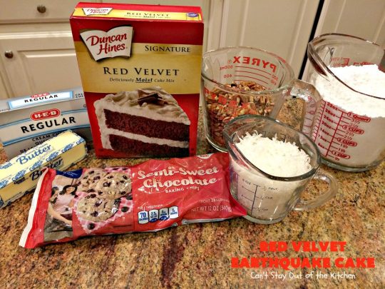 Red Velvet Earthquake Cake | Can't Stay Out of the Kitchen | This amazing #dessert experiences a volcanic shift while baking, so it craters and shifts layers like an earthquake. Our fabulous #redvelvet #cake is perfect for special occasions & #holidays like #Christmas & #ValentinesDay. #chocolate #cheesecake
