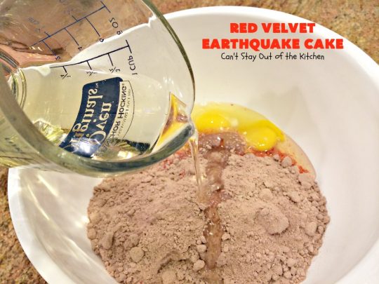 Red Velvet Earthquake Cake | Can't Stay Out of the Kitchen | This amazing #dessert experiences a volcanic shift while baking, so it craters and shifts layers like an earthquake. Our fabulous #redvelvet #cake is perfect for special occasions & #holidays like #Christmas & #ValentinesDay. #chocolate #cheesecake