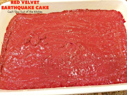 Red Velvet Earthquake Cake | Can't Stay Out of the Kitchen | This amazing #dessert experiences a volcanic shift while baking, so it craters and shifts layers like an earthquake. Our fabulous #redvelvet #cake is perfect for special occasions & #holidays like #Christmas & #ValentinesDay. #chocolate #cheesecake