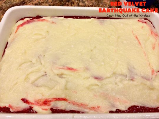 Red Velvet Earthquake Cake | Can't Stay Out of the Kitchen | This amazing #dessert experiences a volcanic shift while baking, so it craters and shifts layers like an earthquake. Our fabulous #redvelvet #cake is perfect for special occasions & #holidays like #Christmas & #ValentinesDay. #chocolate #cheesecake