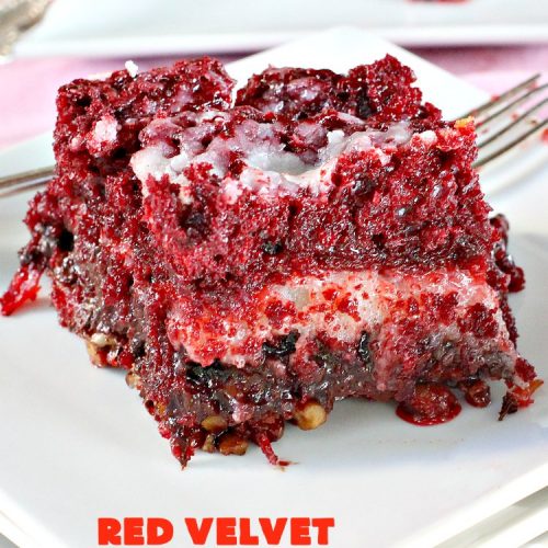 Red Velvet Earthquake Cake | Can't Stay Out of the Kitchen | This amazing #dessert experiences a volcanic shift while baking, so it craters and shifts layers like an earthquake. Our fabulous #redvelvet #cake is perfect for special occasions & #holidays like #Christmas & #ValentinesDay. #chocolate #cheesecake