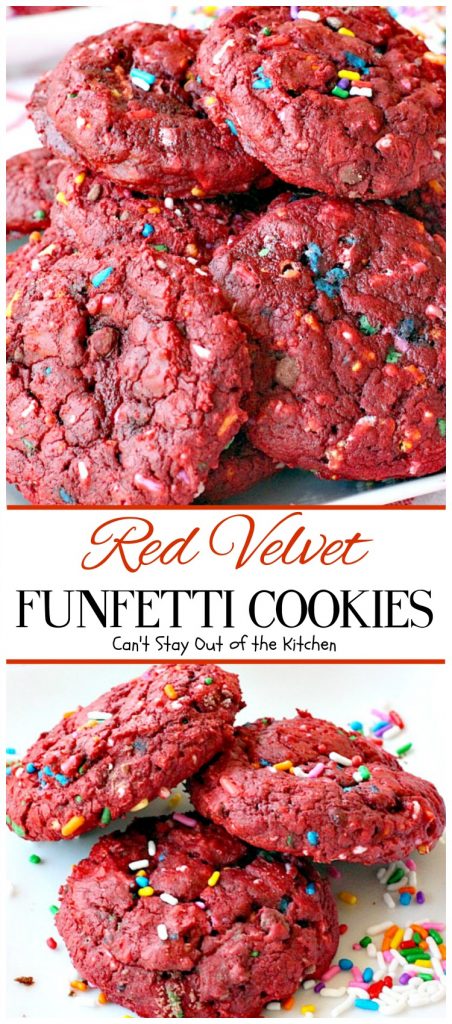 Red Velvet Funfetti Cookies | Can't Stay Out of the Kitchen | these amazing #cookies are so easy since they start with a #RedVelvet #cakemix! Then they're filled with sprinkles for a quick and easy #dessert you can make in about 20 minutes! #chocolate