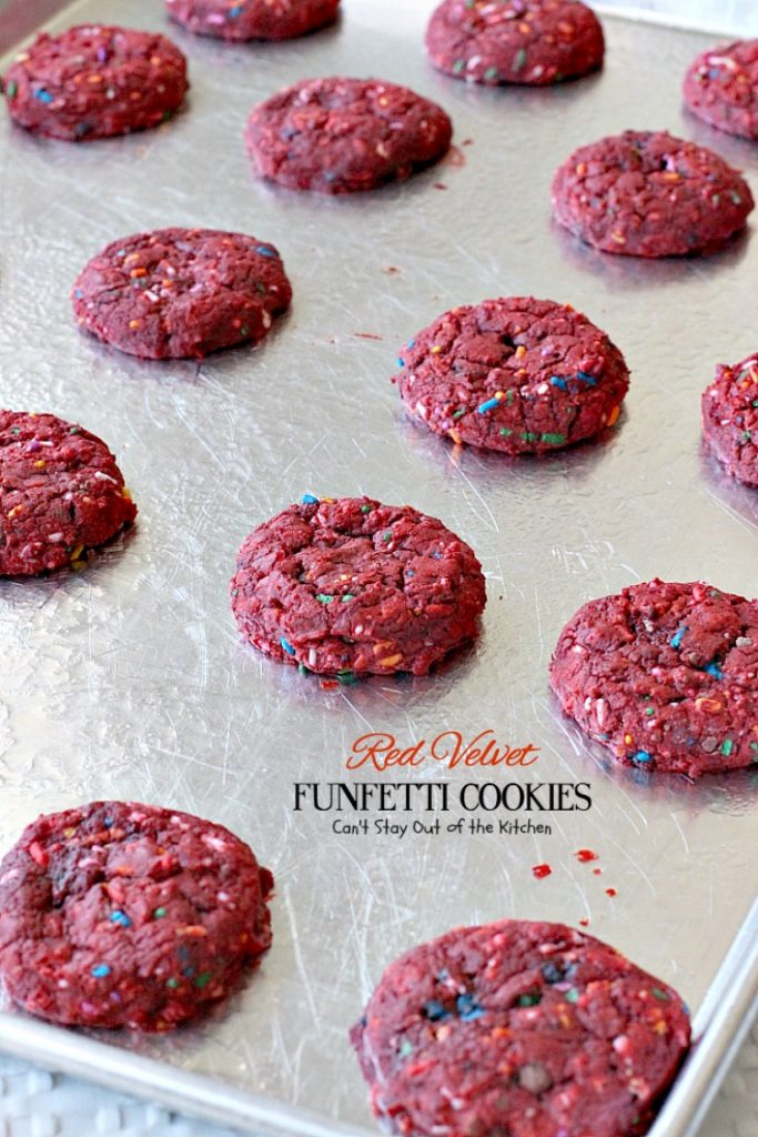 Red Velvet Funfetti Cookies | Can't Stay Out of the Kitchen | these amazing #cookies are so easy since they start with a #RedVelvet #cakemix! Then they're filled with sprinkles for a quick and easy #dessert you can make in about 20 minutes! #chocolate