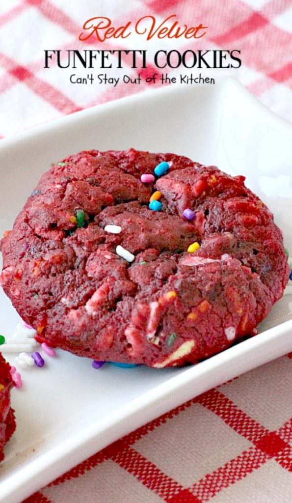 Red Velvet Funfetti Cookies | Can't Stay Out of the Kitchen | these amazing #cookies are so easy since they start with a #RedVelvet #cakemix! Then they're filled with sprinkles for a quick and easy #dessert you can make in about 20 minutes! #chocolate