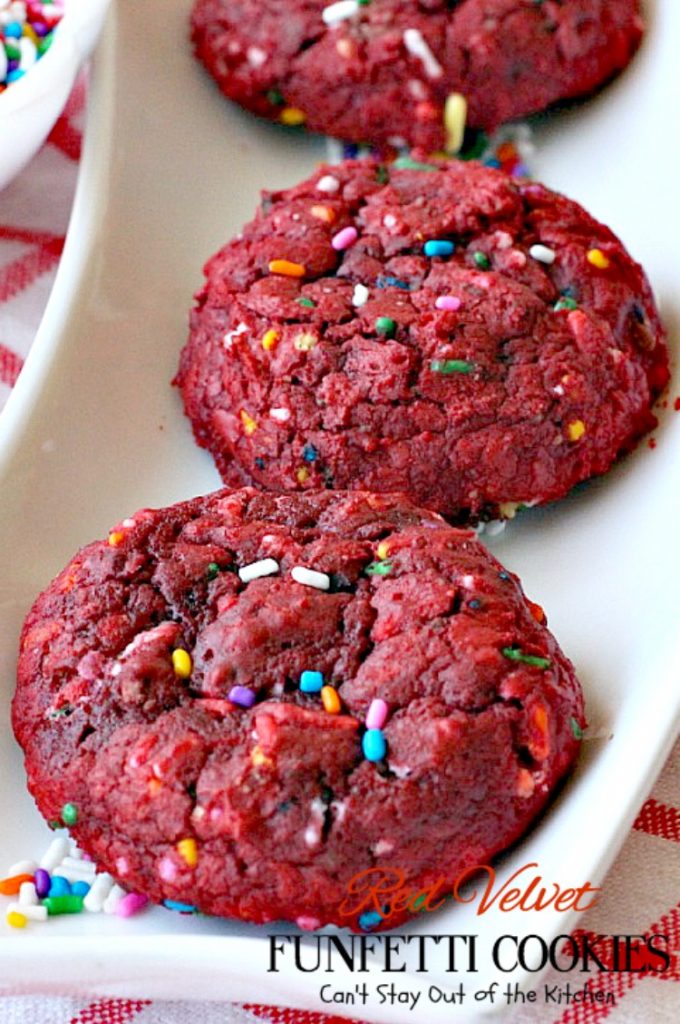Red Velvet Funfetti Cookies | Can't Stay Out of the Kitchen | these amazing #cookies are so easy since they start with a #RedVelvet #cakemix! Then they're filled with sprinkles for a quick and easy #dessert you can make in about 20 minutes! #chocolate