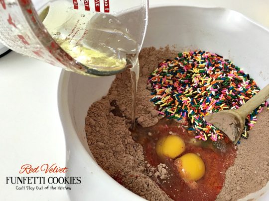 Red Velvet Funfetti Cookies | Can't Stay Out of the Kitchen | these amazing #cookies are so easy since they start with a #RedVelvet #cakemix! Then they're filled with sprinkles for a quick and easy #dessert you can make in about 20 minutes! #chocolate