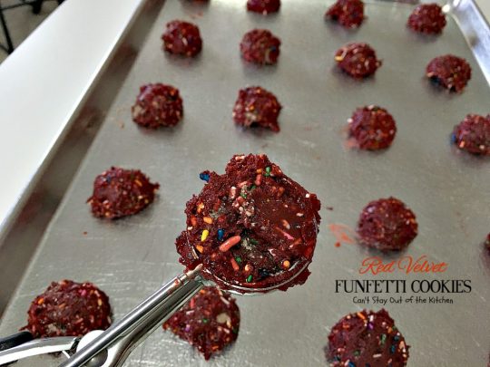 Red Velvet Funfetti Cookies | Can't Stay Out of the Kitchen | these amazing #cookies are so easy since they start with a #RedVelvet #cakemix! Then they're filled with sprinkles for a quick and easy #dessert you can make in about 20 minutes! #chocolate