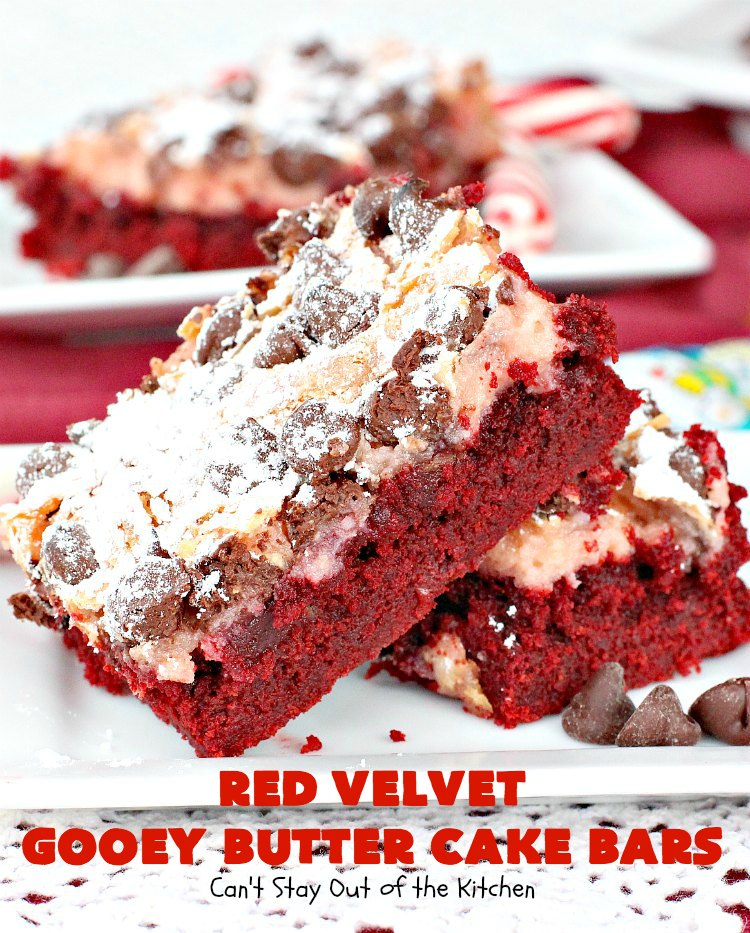 Red Velvet Gooey Butter Cake Bars | Can't Stay Out of the Kitchen | the most awesome #RedVelvet #Brownies ever! The luscious #cheesecake layer is ooey, gooey, decadent & delicious! Terrific #ValentinesDay #dessert.