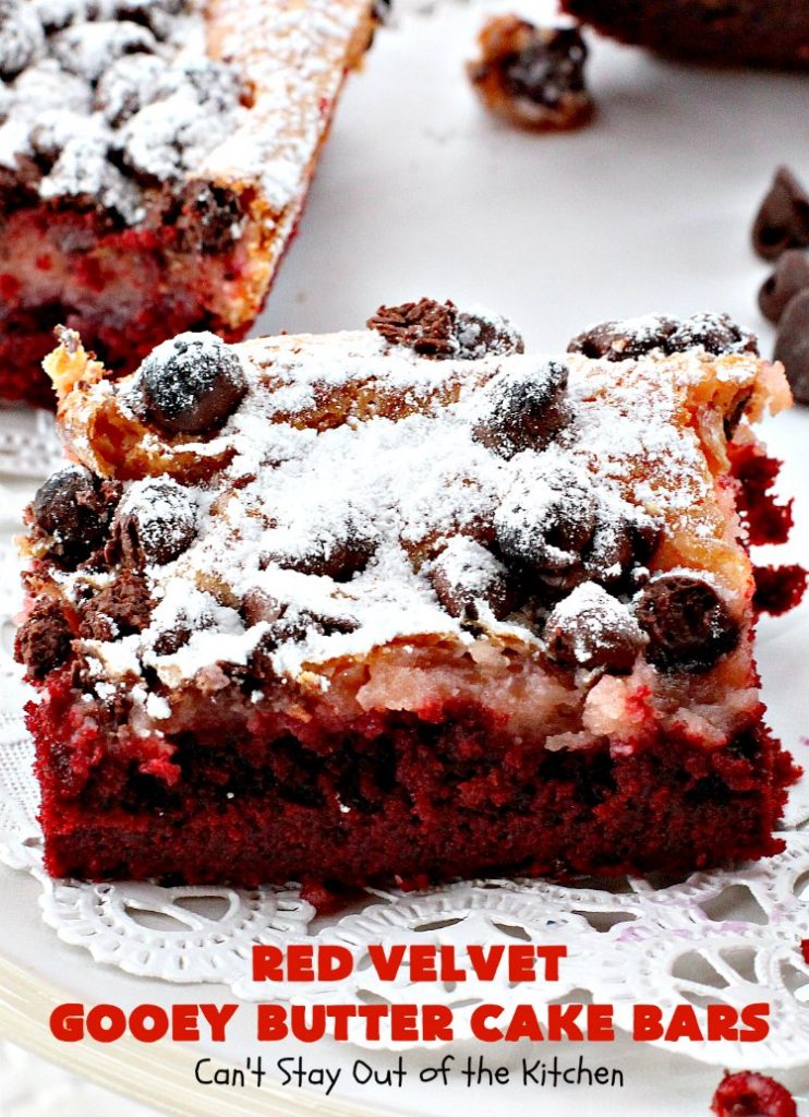 Red Velvet Gooey Butter Cake Bars | Can't Stay Out of the Kitchen | the most awesome #RedVelvet #Brownies ever! The luscious #cheesecake layer is ooey, gooey, decadent & delicious! Terrific #ValentinesDay #dessert.
