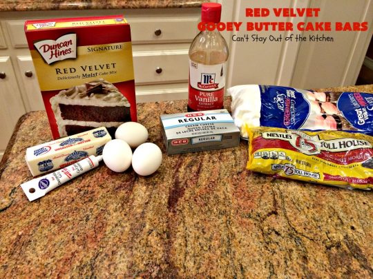 Red Velvet Gooey Butter Cake Bars | Can't Stay Out of the Kitchen | the most awesome #RedVelvet #Brownies ever! The luscious #cheesecake layer is ooey, gooey, decadent & delicious! Terrific #ValentinesDay #dessert.
