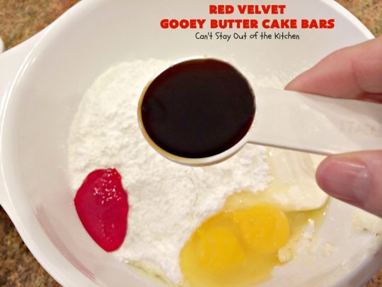 Red Velvet Gooey Butter Cake Bars | Can't Stay Out of the Kitchen | the most awesome #RedVelvet #Brownies ever! The luscious #cheesecake layer is ooey, gooey, decadent & delicious! Terrific #ValentinesDay #dessert.