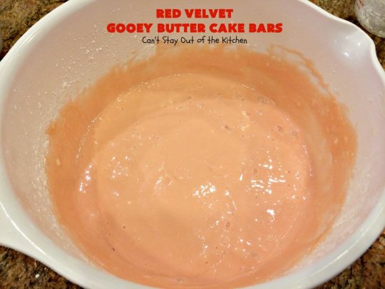 Red Velvet Gooey Butter Cake Bars | Can't Stay Out of the Kitchen | the most awesome #RedVelvet #Brownies ever! The luscious #cheesecake layer is ooey, gooey, decadent & delicious! Terrific #ValentinesDay #dessert.