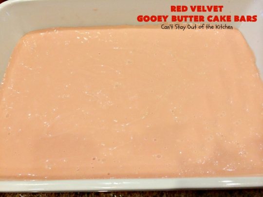 Red Velvet Gooey Butter Cake Bars | Can't Stay Out of the Kitchen | the most awesome #RedVelvet #Brownies ever! The luscious #cheesecake layer is ooey, gooey, decadent & delicious! Terrific #ValentinesDay #dessert.
