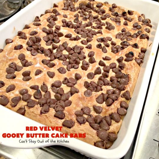 Red Velvet Gooey Butter Cake Bars | Can't Stay Out of the Kitchen | the most awesome #RedVelvet #Brownies ever! The luscious #cheesecake layer is ooey, gooey, decadent & delicious! Terrific #ValentinesDay #dessert.