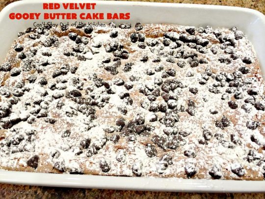 Red Velvet Gooey Butter Cake Bars | Can't Stay Out of the Kitchen | the most awesome #RedVelvet #Brownies ever! The luscious #cheesecake layer is ooey, gooey, decadent & delicious! Terrific #ValentinesDay #dessert.