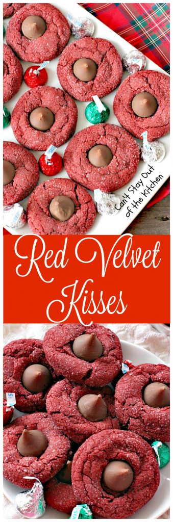 Red Velvet Kisses | Can't Stay Out of the Kitchen | these amazing #redvelvet #cookies have a #Hersheys kiss in the center. Fabulous for #holiday baking. #chocolate #dessert
