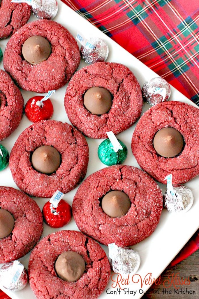 Red Velvet Kisses | Can't Stay Out of the Kitchen | these amazing #redvelvet #cookies have a #Hersheys kiss in the center. Fabulous for #holiday baking. #chocolate #dessert