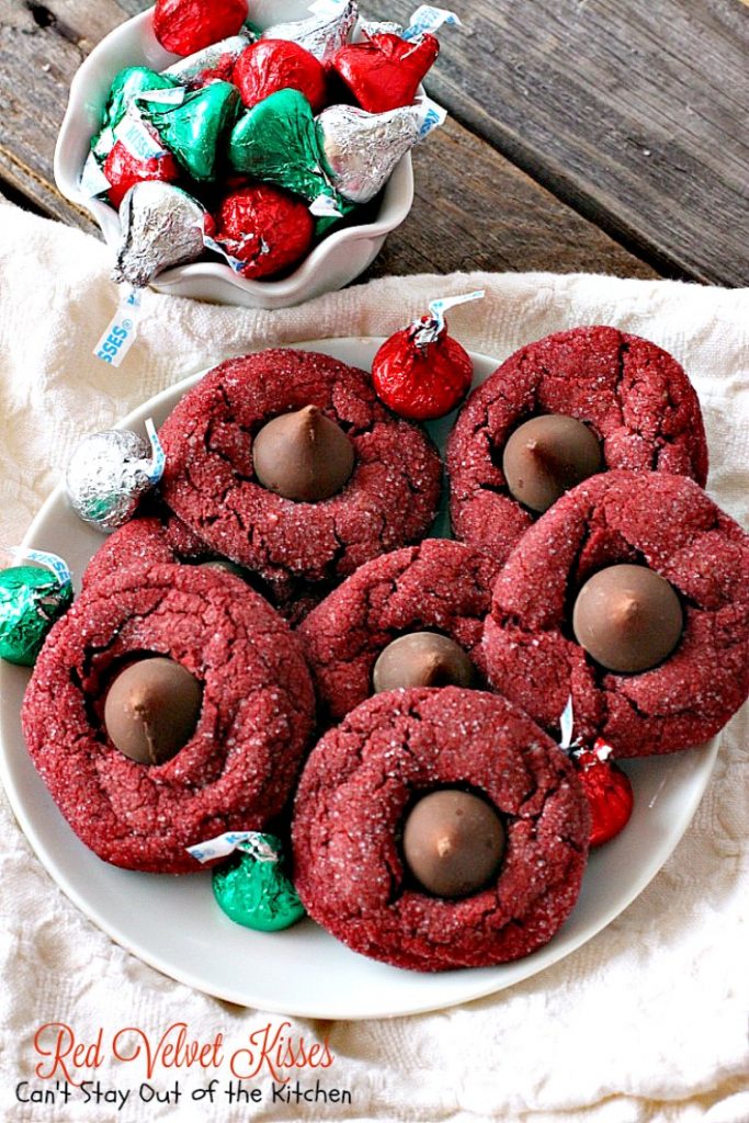 Red Velvet Kisses | Can't Stay Out of the Kitchen | these amazing #redvelvet #cookies have a #Hersheys kiss in the center. Fabulous for #holiday baking. #chocolate #dessert