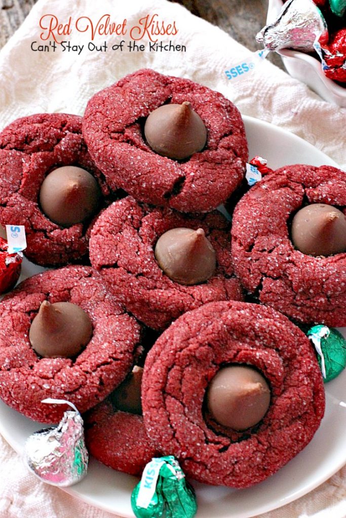 Red Velvet Kisses | Can't Stay Out of the Kitchen | these amazing #redvelvet #cookies have a #Hersheys kiss in the center. Fabulous for #holiday baking. #chocolate #dessert