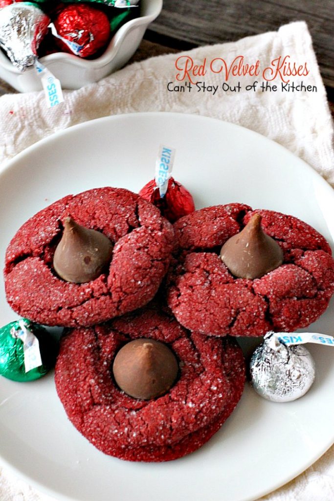 Red Velvet Kisses | Can't Stay Out of the Kitchen | these amazing #redvelvet #cookies have a #Hersheys kiss in the center. Fabulous for #holiday baking. #chocolate #dessert