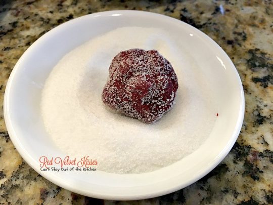 Red Velvet Kisses | Can't Stay Out of the Kitchen | these amazing #redvelvet #cookies have a #Hersheys kiss in the center. Fabulous for #holiday baking. #chocolate #dessert