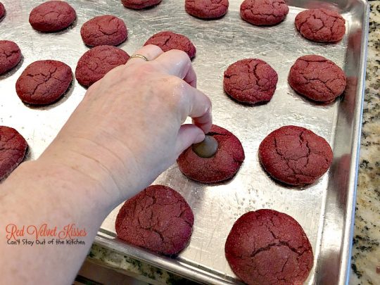 Red Velvet Kisses | Can't Stay Out of the Kitchen | these amazing #redvelvet #cookies have a #Hersheys kiss in the center. Fabulous for #holiday baking. #chocolate #dessert