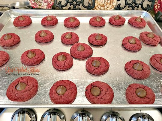Red Velvet Kisses | Can't Stay Out of the Kitchen | these amazing #redvelvet #cookies have a #Hersheys kiss in the center. Fabulous for #holiday baking. #chocolate #dessert