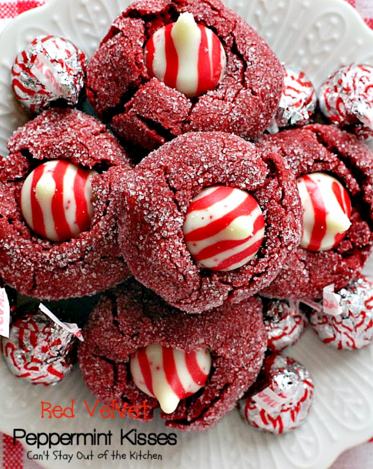 Red Velvet Peppermint Kisses | Can't Stay Out of the Kitchen | these #RedVelvet #cookies are heavenly! #Hershey's peppermint-flavored candy cane kisses are put in the centers adding divine flavor. #chocolate #dessert