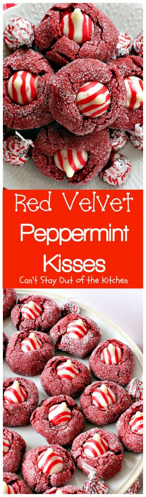 Red Velvet Peppermint Kisses | Can't Stay Out of the Kitchen | these #RedVelvet #cookies are heavenly! #Hershey's peppermint-flavored candy cane kisses are put in the centers adding divine flavor. #chocolate #dessert