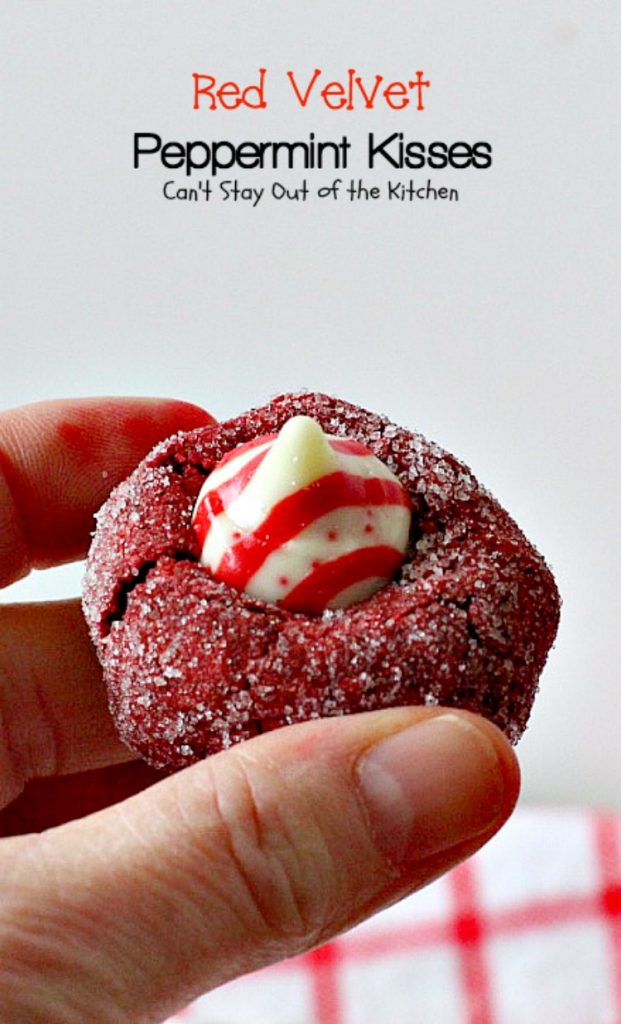 Red Velvet Peppermint Kisses | Can't Stay Out of the Kitchen | these #RedVelvet #cookies are heavenly! #Hershey's peppermint-flavored candy cane kisses are put in the centers adding divine flavor. #chocolate #dessert