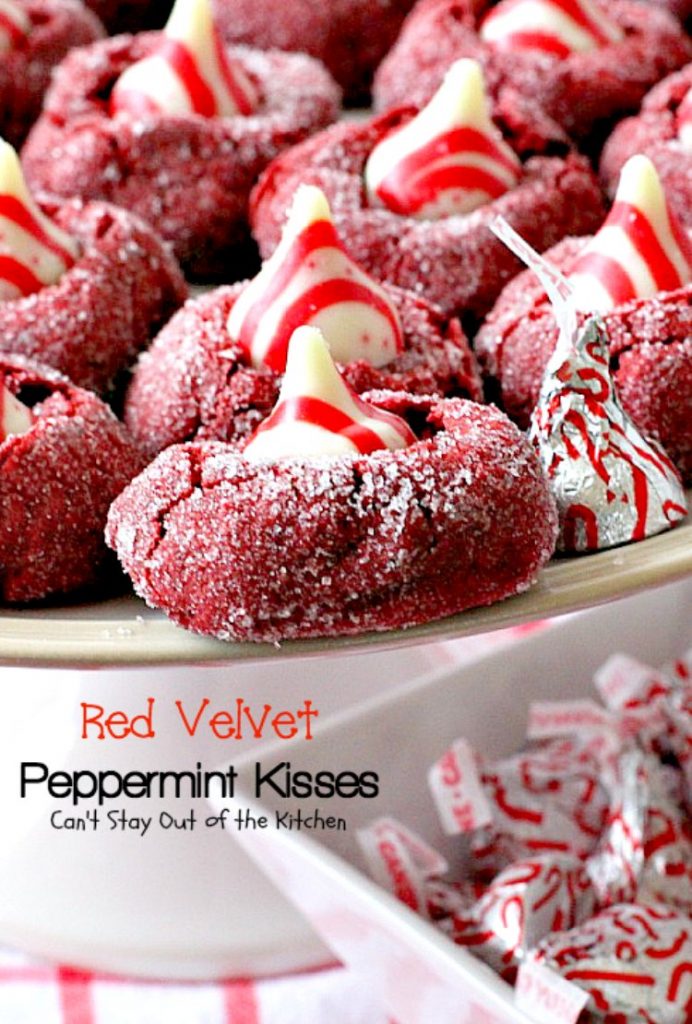 Red Velvet Peppermint Kisses | Can't Stay Out of the Kitchen | these #RedVelvet #cookies are heavenly! #Hershey's peppermint-flavored candy cane kisses are put in the centers adding divine flavor. #chocolate #dessert