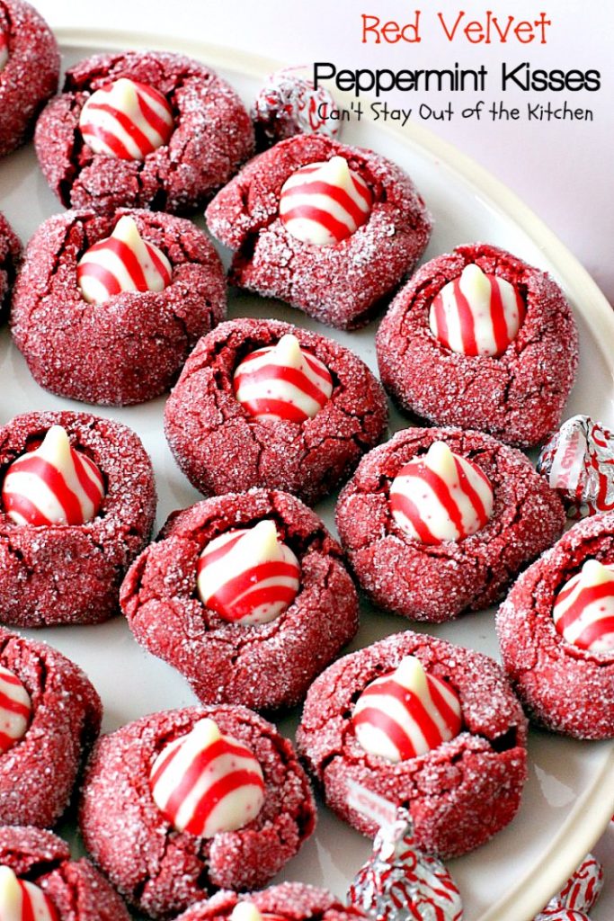 Red Velvet Peppermint Kisses | Can't Stay Out of the Kitchen | these #RedVelvet #cookies are heavenly! #Hershey's peppermint-flavored candy cane kisses are put in the centers adding divine flavor. #chocolate #dessert