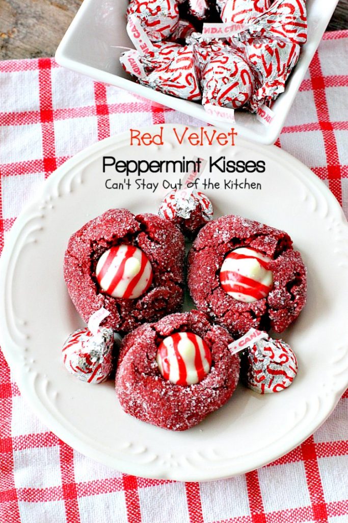 Red Velvet Peppermint Kisses | Can't Stay Out of the Kitchen | these #RedVelvet #cookies are heavenly! #Hershey's peppermint-flavored candy cane kisses are put in the centers adding divine flavor. #chocolate #dessert
