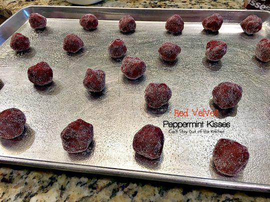Red Velvet Peppermint Kisses | Can't Stay Out of the Kitchen | these #RedVelvet #cookies are heavenly! #Hershey's peppermint-flavored candy cane kisses are put in the centers adding divine flavor. #chocolate #dessert