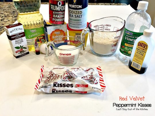 Red Velvet Peppermint Kisses | Can't Stay Out of the Kitchen | these #RedVelvet #cookies are heavenly! #Hershey's peppermint-flavored candy cane kisses are put in the centers adding divine flavor. #chocolate #dessert