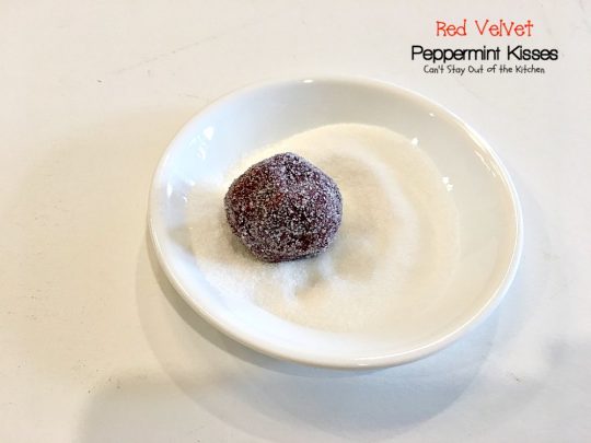 Red Velvet Peppermint Kisses | Can't Stay Out of the Kitchen | these #RedVelvet #cookies are heavenly! #Hershey's peppermint-flavored candy cane kisses are put in the centers adding divine flavor. #chocolate #dessert