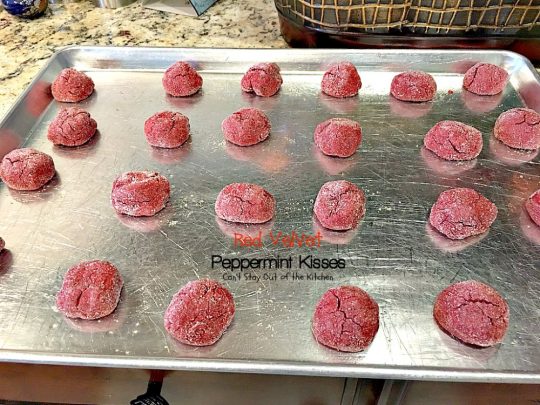Red Velvet Peppermint Kisses | Can't Stay Out of the Kitchen | these #RedVelvet #cookies are heavenly! #Hershey's peppermint-flavored candy cane kisses are put in the centers adding divine flavor. #chocolate #dessert