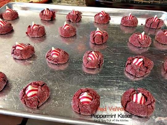 Red Velvet Peppermint Kisses | Can't Stay Out of the Kitchen | these #RedVelvet #cookies are heavenly! #Hershey's peppermint-flavored candy cane kisses are put in the centers adding divine flavor. #chocolate #dessert