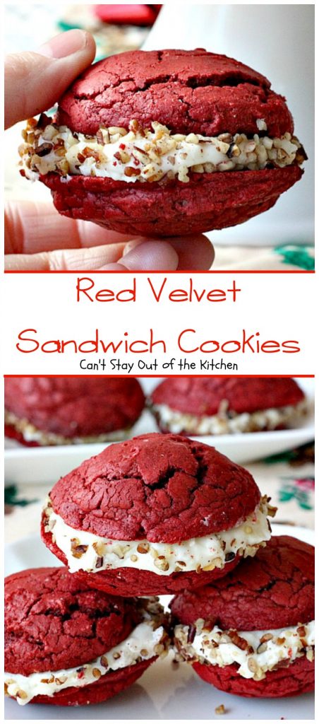Red Velvet Sandwich Cookies | Can't Stay Out of the Kitchen | the most spectacular #redvelvet #cookie ever! These #whoopiepies have a luscious cream cheese, coconut and pecan frosting. They're absolutely amazing. #dessert